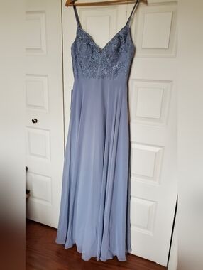 Feminine Azazie Spaghetti-Strap Dusty Blue Lace Bodice Maxi Dress